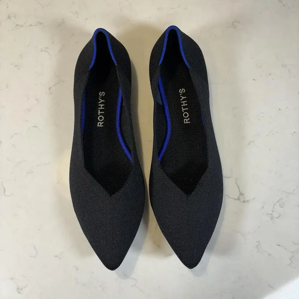 Rothy's Black Pointed Knit Flats with Blue Trim